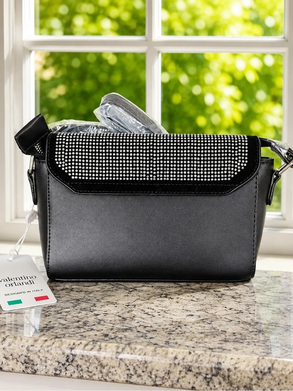 Valentino Orlandi Black Crystal-Studded Messenger Bag